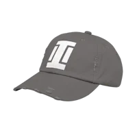 a gray hat with the letter i on it